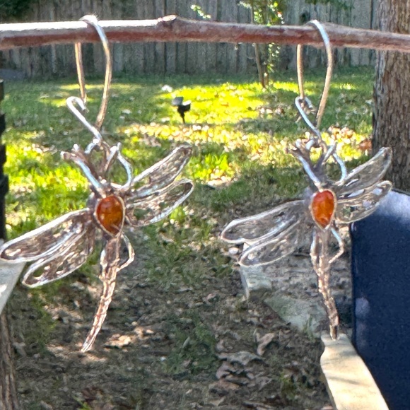 Dragonfly Amber & Sterling Silver 925 Vintage Dangle Earrings - Picture 9 of 9